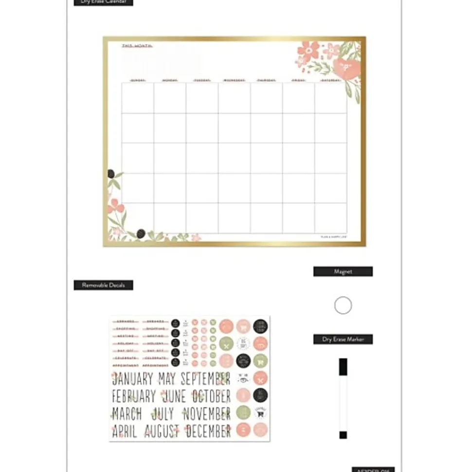 Happy Planner Non-Magnetic Dry-Erase Calendar Board, Tinned Iron, 20” x 16”, Happy Florals, Brushed Gold Metal Alloy Frame