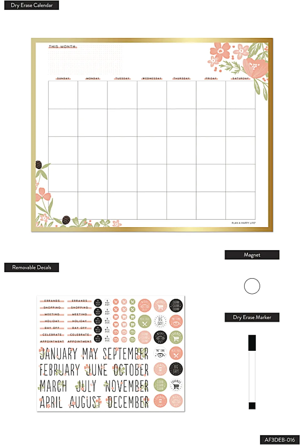 Happy Planner Non-Magnetic Dry-Erase Calendar Board, Tinned Iron, 20” x 16”, Happy Florals, Brushed Gold Metal Alloy Frame
