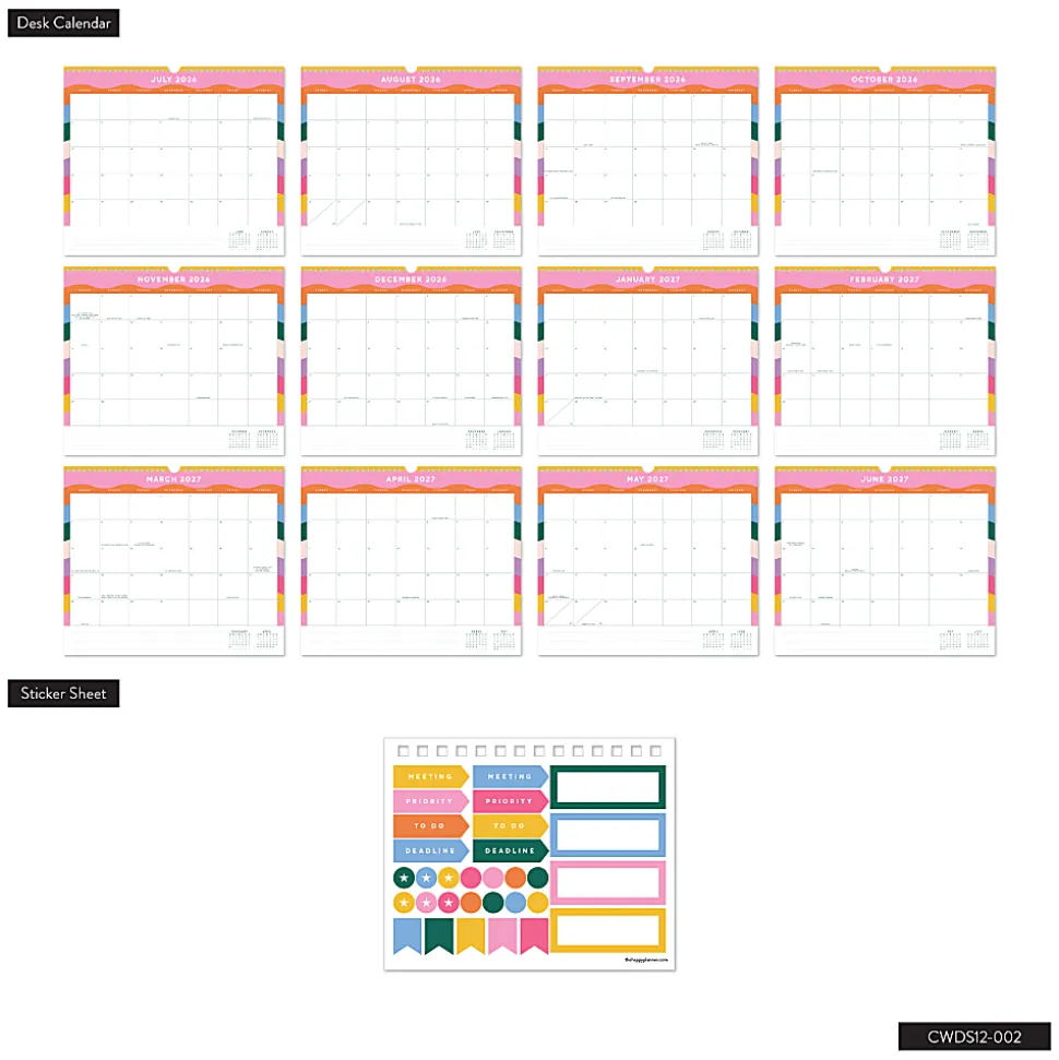 Happy Planner Organized 12-Month Wall Calendar, 14” x 12”, Color Form, July 2026 To June 2027, CWDS12-002, Total Qty 1
