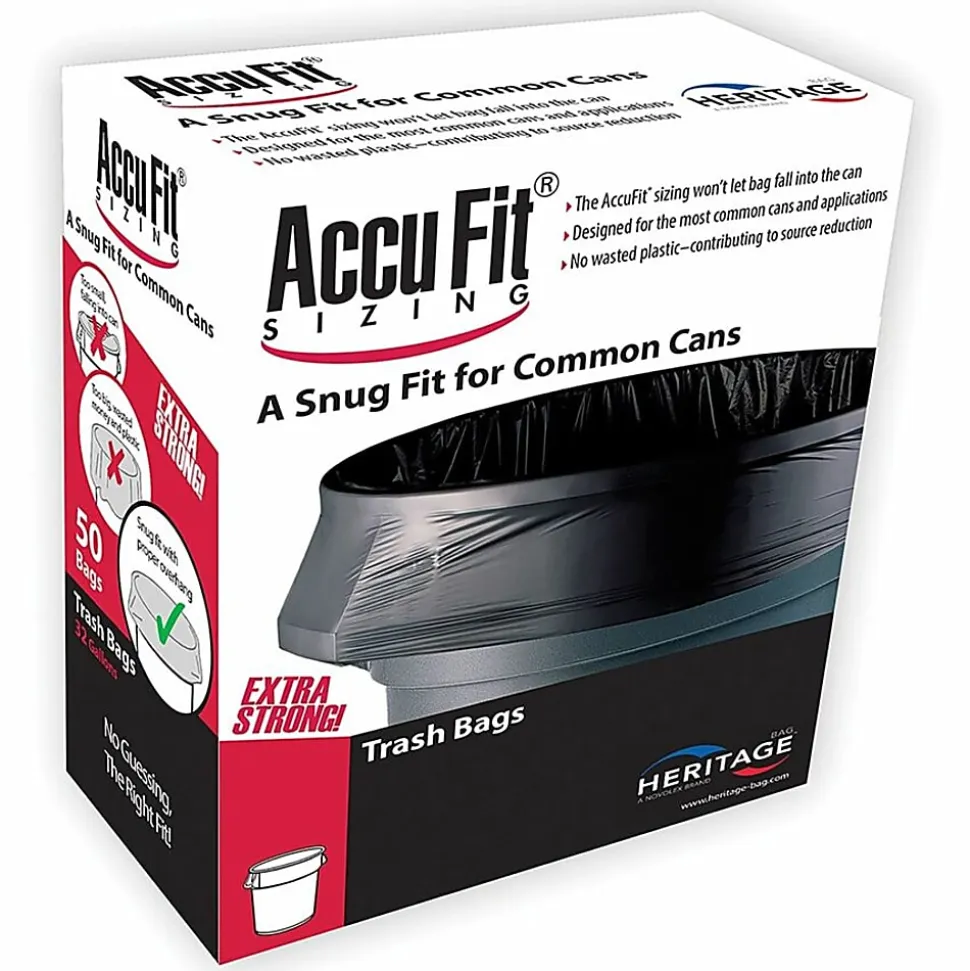 Heritage Accufit Can Liners, 44 Gallon, 0.9 Mil, Clear, Box Of 50