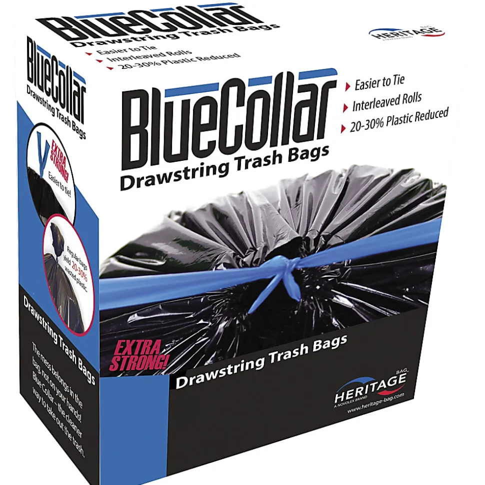 Heritage Drawstring Can Liners, 30 Gallon, 1 Mil, Black, Box Of 40