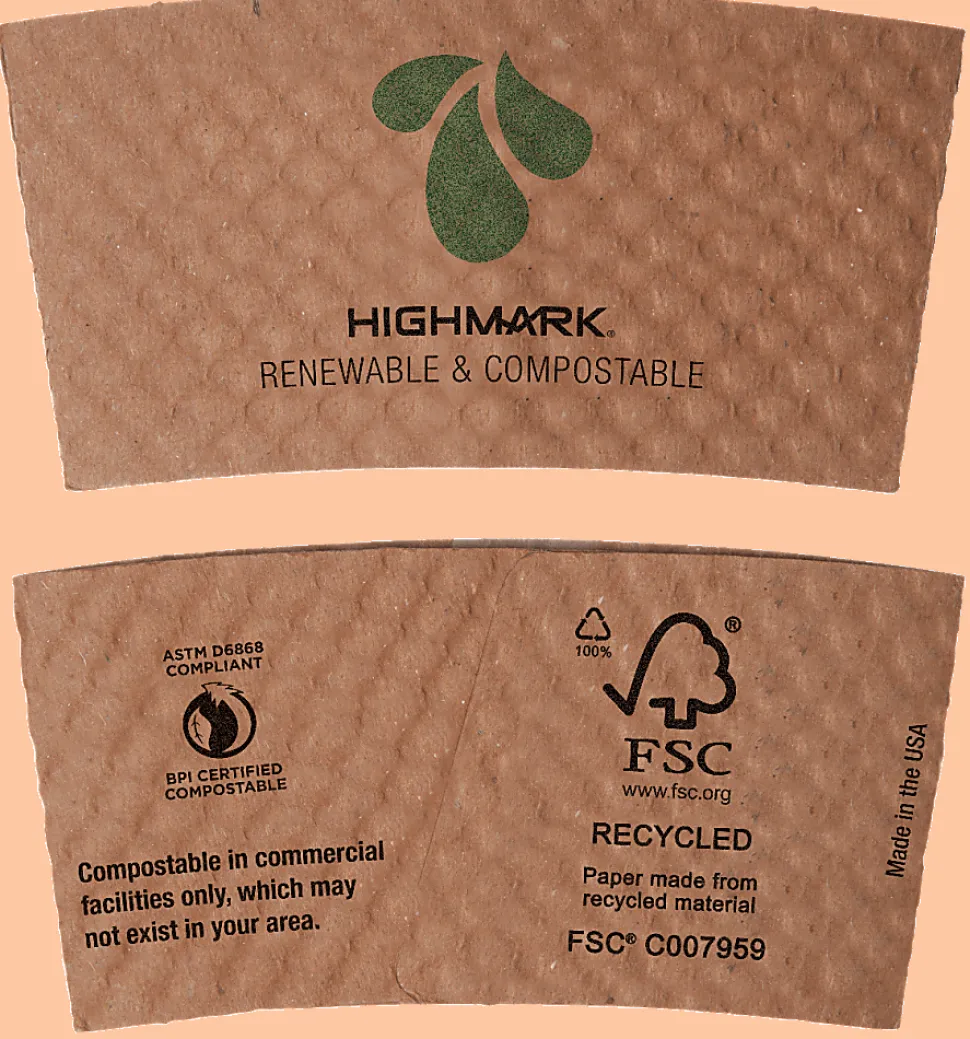 Highmark® ECO Compostable Breakroom Hot Cup Sleeves, 100% Recycled, Kraft, Box Of 1,300