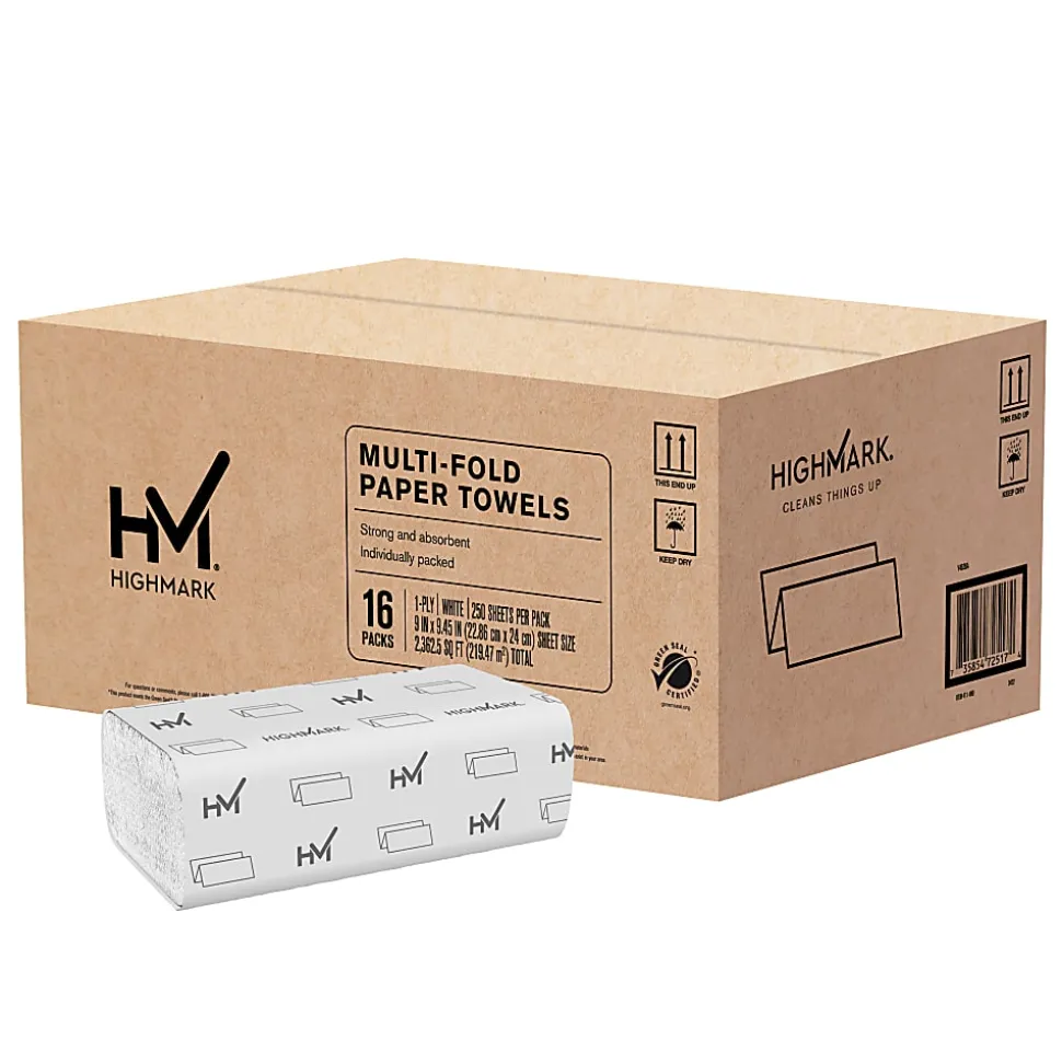 Highmark® ECO Multi-Fold 1-Ply Paper Towels, 100% Recycled, White, 250 Sheets Per Pack, Case Of 16 Packs