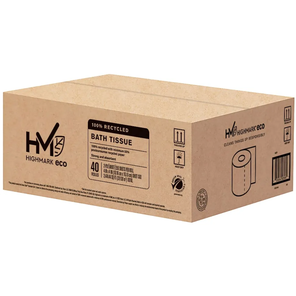 Highmark® ECO 2-Ply Toilet Paper, 100% Recycled, 550 Sheets Per Roll, Case Of 40 Rolls