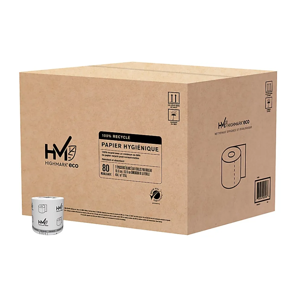 Highmark® ECO 2-Ply Toilet Paper, 100% Recycled, White, 550 Sheets Per Roll, Case Of 80 Rolls