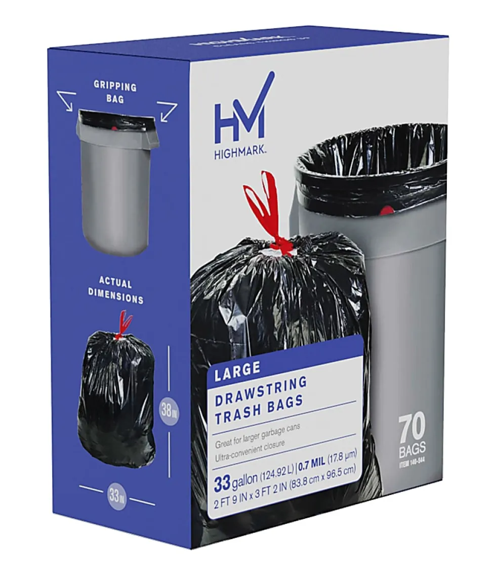 Highmark™ Large Drawstring Trash Bags, 0.7 mil, 33 Gallon, Black, Box Of 70 Bags