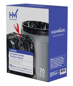 Highmark™ Large Drawstring Trash Bags, 0.7 mil, 33 Gallon, Black, Box Of 70 Bags