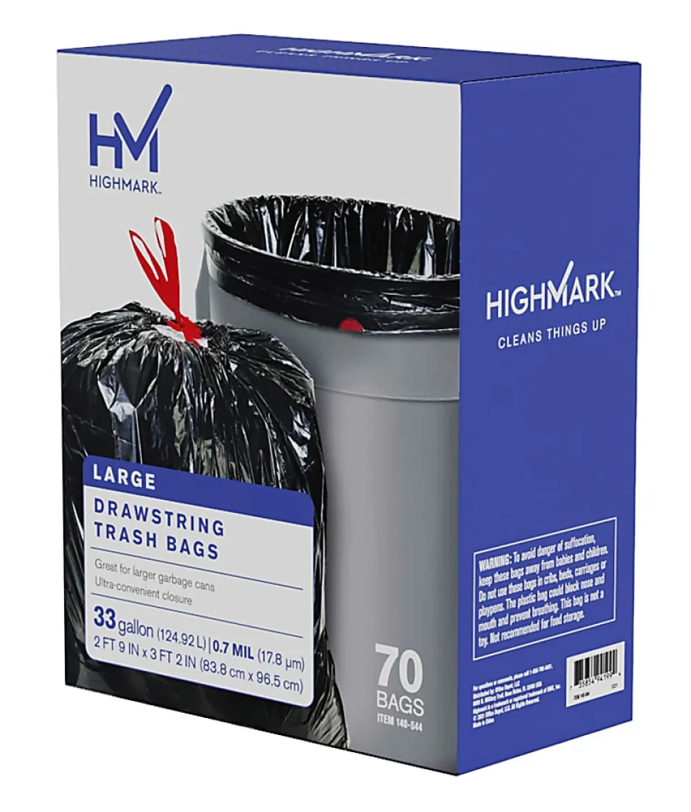 Highmark™ Large Drawstring Trash Bags, 0.7 mil, 33 Gallon, Black, Box Of 70 Bags