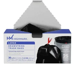 Highmark™ Large Drawstring Trash Bags, 1.05 mil, 30 Gallon, Black, Box Of 25