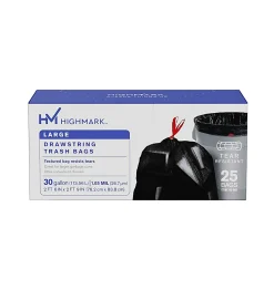 Highmark™ Large Drawstring Trash Bags, 1.05 mil, 30 Gallon, Black, Box Of 25