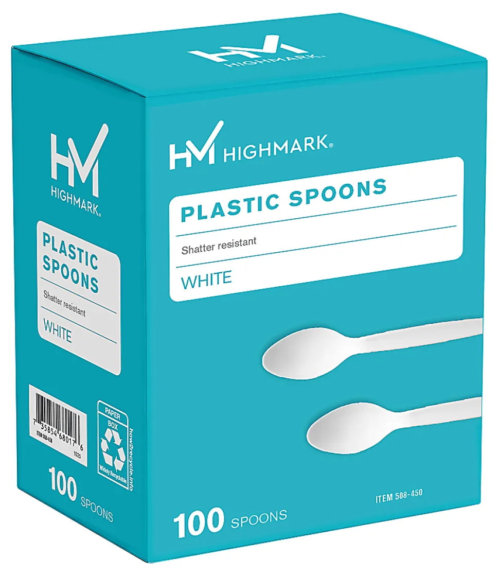 Highmark® Medium-Length Plastic Cutlery, Spoons, Pack Of 100 Spoons