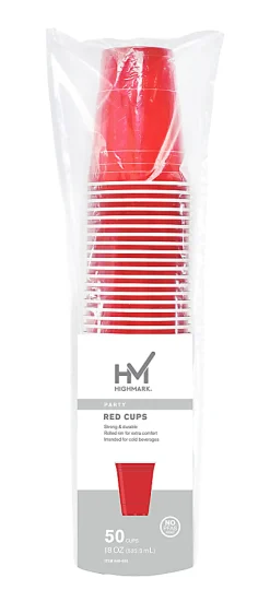 Highmark® Plastic Cups, 18 oz, Red, Pack Of 50