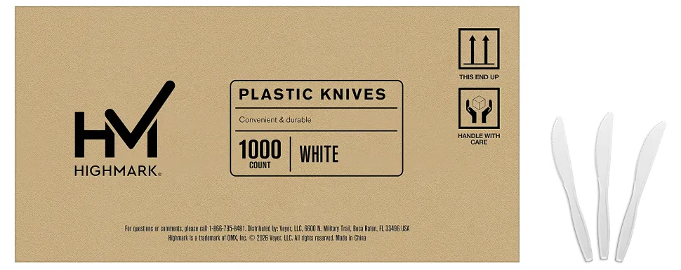 Highmark® Plastic Utensils, Medium-Size Knives, White, Box Of 1,000 Knives