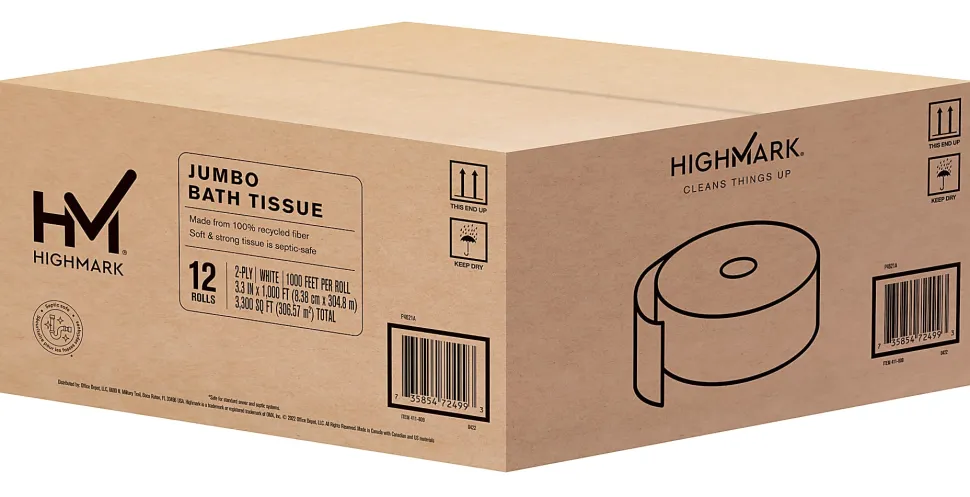 Highmark® 2-Ply Jumbo Toilet Paper, 1000' Per Roll, Pack Of 12 Rolls