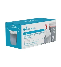 Highmark⢠Tall Drawstring Kitchen Trash Bags, 13 Gallon, 0.9 mil, White, Box Of 38