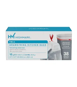 Highmark™ Tall Drawstring Kitchen Trash Bags, 13 Gallon, 0.9 mil, White, Box Of 38