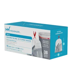 Highmark™ Tall Drawstring Kitchen Trash Bags, 13 Gallon, 0.9 mil, White, Box Of 38