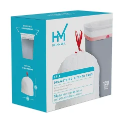 Highmark⢠Tall 0.9 mil Drawstring Kitchen Trash Bags, 0.9mil, 13 Gallon, 27.375" x 24", White, Box Of 120