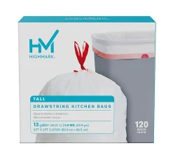 Highmark™ Tall 0.9 mil Drawstring Kitchen Trash Bags, 0.9mil, 13 Gallon, 27.375