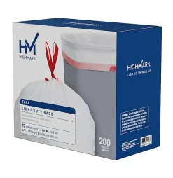 Highmark⢠Tall 0.6 mil Drawstring Kitchen Trash Bags, 0.6 mil, 13 Gallon, 27.375" x 24", White, Box Of 200