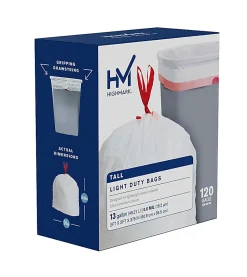 Highmark⢠Tall 0.6 mil Drawstring Kitchen Trash Bags, 0.6 mil, 13 Gallon, 24" x 28", White, Box Of 120