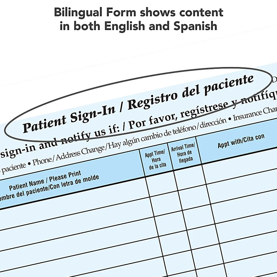 HIPAA-Compliant Bilingual Patient/Visitor Privacy Sign-In Sheets, 2-Part, 8-1/2" x 11", Blue, Pack Of 250 Sheets