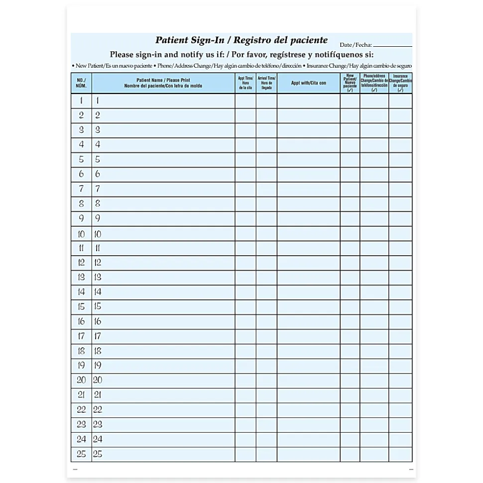 HIPAA-Compliant Bilingual Patient/Visitor Privacy Sign-In Sheets, 2-Part, 8-1/2" x 11", Blue, Pack Of 1,000 Sheets