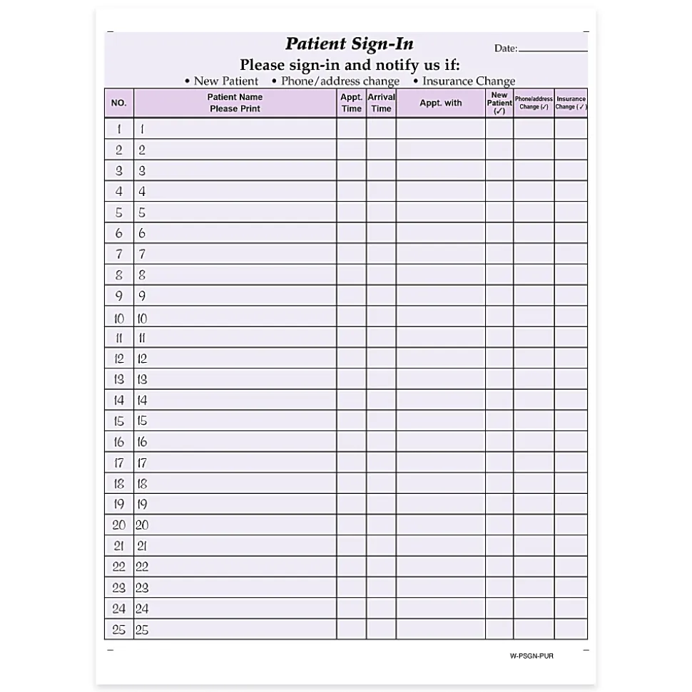 HIPAA Compliant Patient/Visitor Privacy 2-Part Sign-In Sheets, 8-1/2" x 11", Purple, Pack Of 125 Sheets