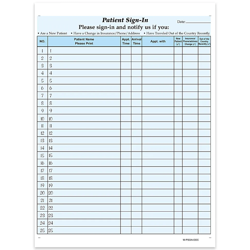 HIPAA Compliant Patient/Visitor Privacy 2-Part Sign-In Sheets, With Out-Of-Country Box, 8-1/2" x 11", Blue, Pack Of 250 Sheets