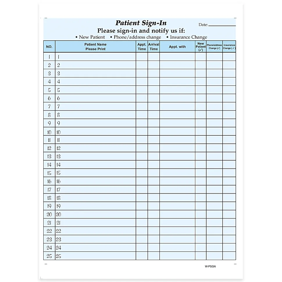 HIPAA Compliant Patient/Visitor Privacy 2-Part Sign-In Sheets, 8-1/2" x 11", Blue, Pack Of 500 Sheets