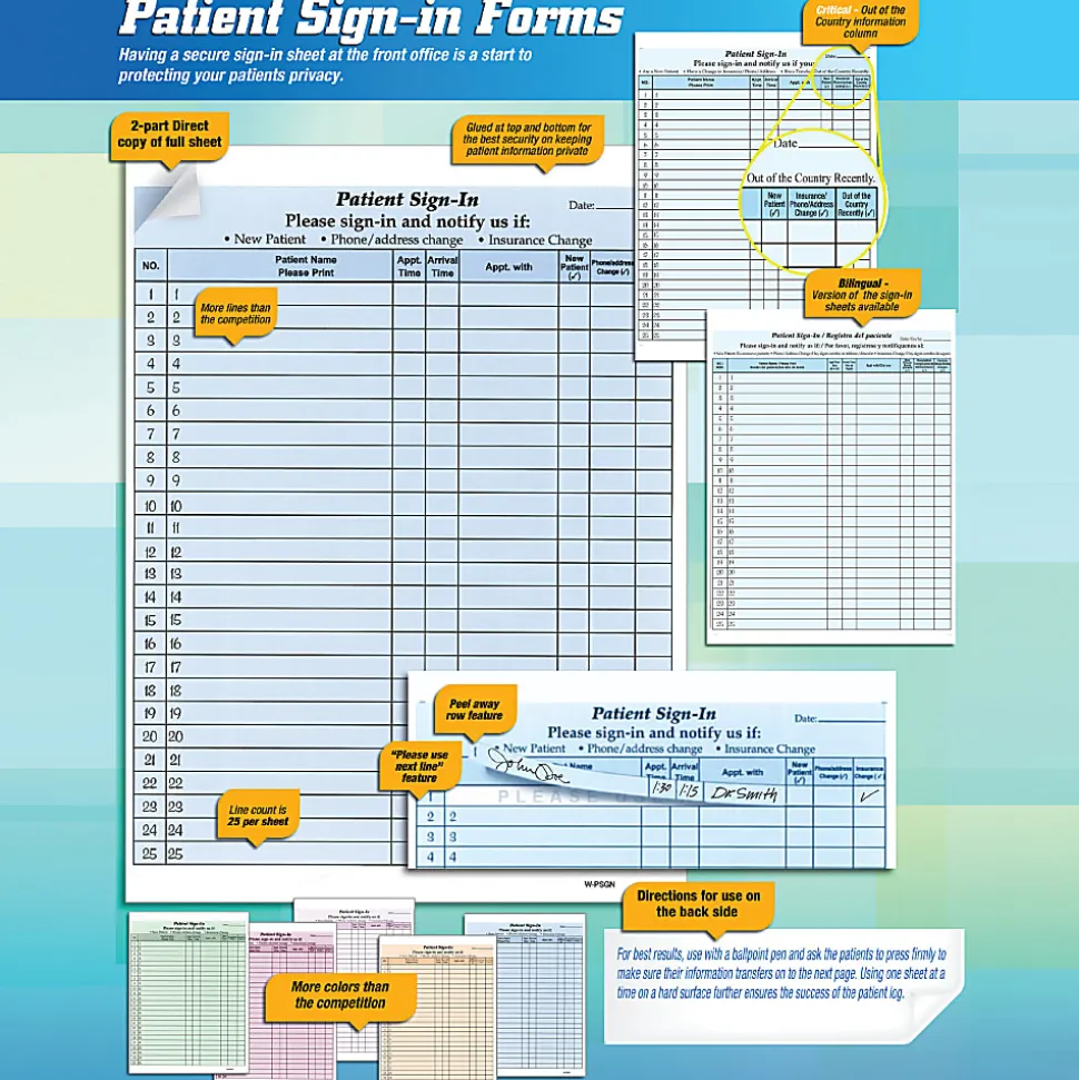 HIPAA Compliant Patient/Visitor Privacy 2-Part Sign-In Sheets, 8-1/2" x 11", Blue, Pack Of 500 Sheets