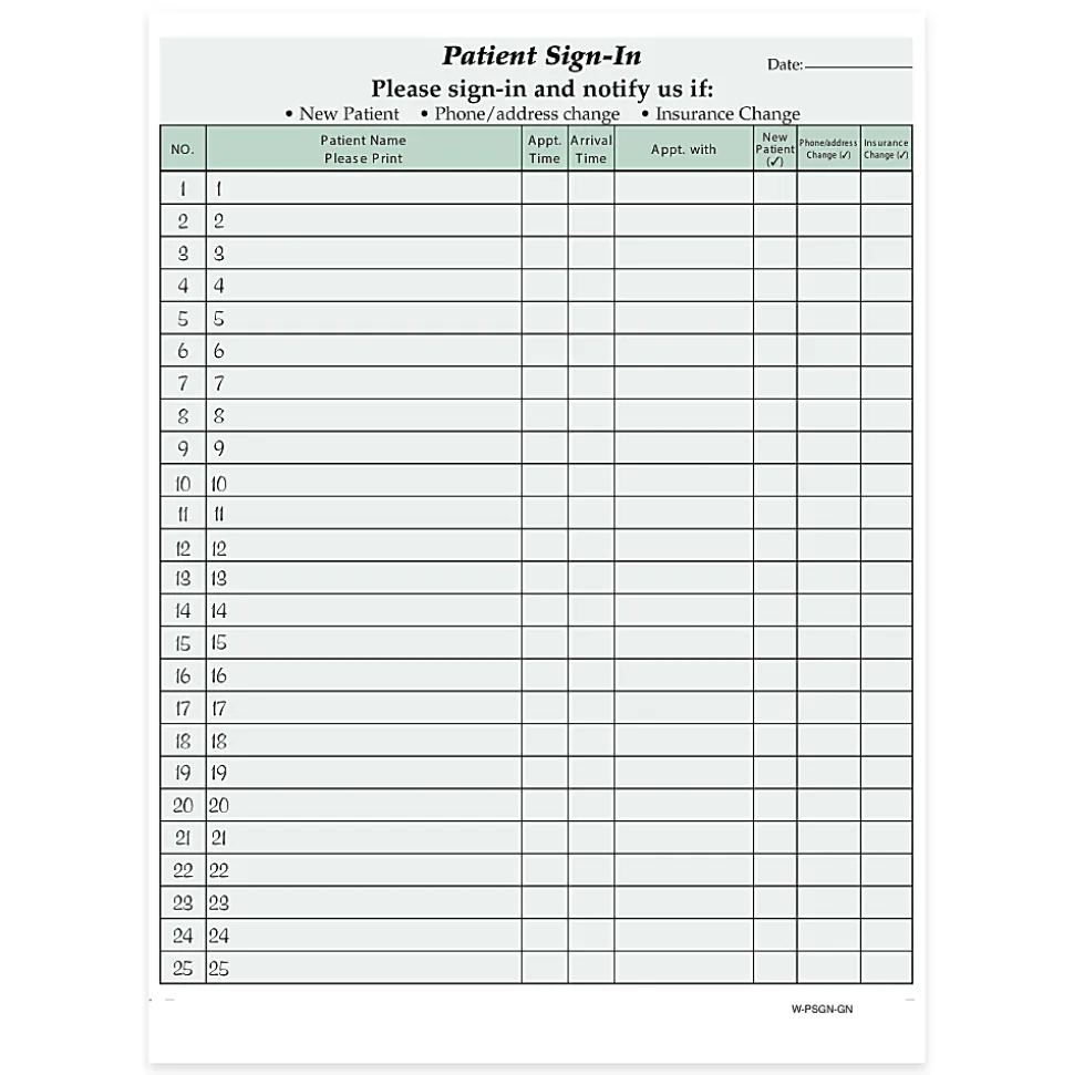 HIPAA Compliant Patient/Visitor Privacy 2-Part Sign-In Sheets, 8-1/2" x 11", Green, Pack Of 125 Sheets