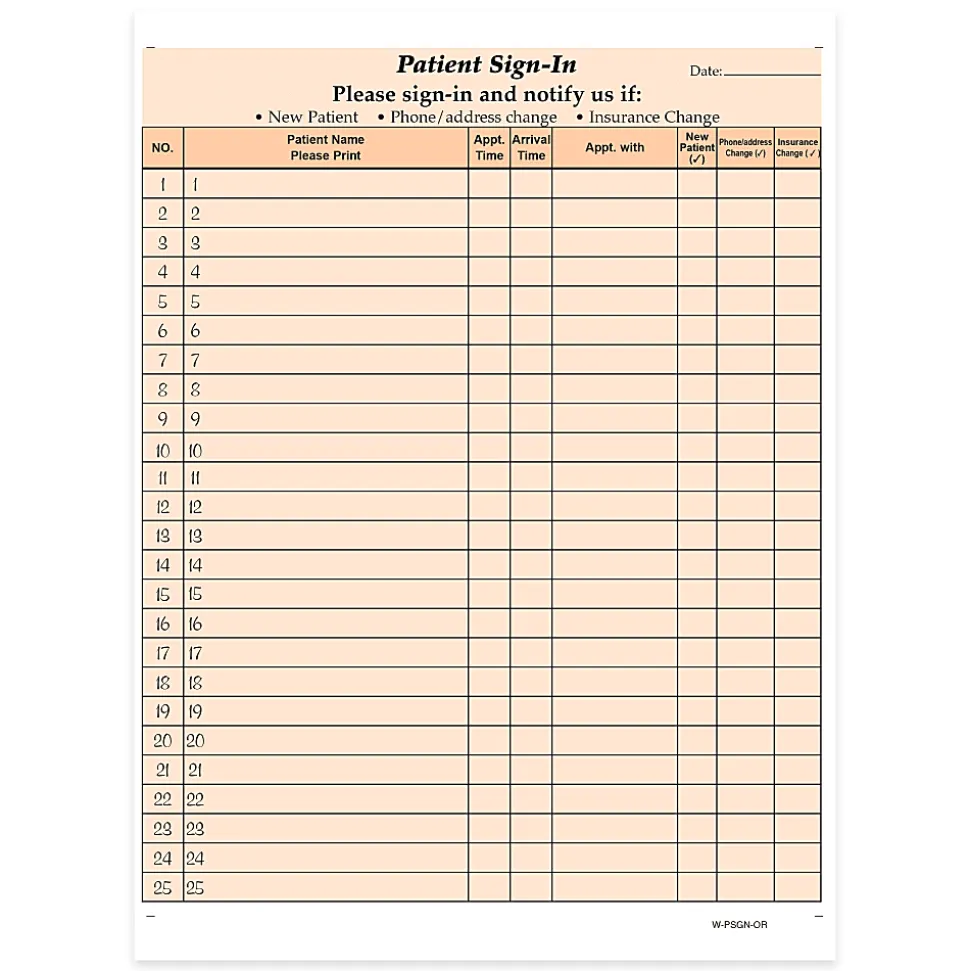 HIPAA Compliant Patient/Visitor Privacy 2-Part Sign-In Sheets, 8-1/2" x 11", Orange, Pack Of 125 Sheets