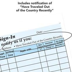 HIPAA Compliant Patient/Visitor Privacy 2-Part Sign-In Sheets With Out of Country Box, 8-1/2