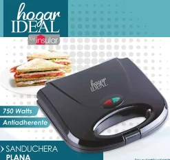 Hogar Ideal Flat Grill Sandwich Maker, 4"H x 8"W x 9"D, Black, Total Qty 1