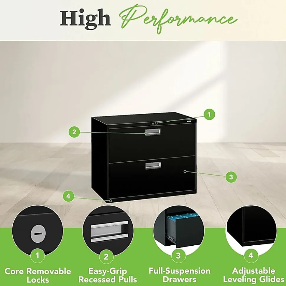 HON® Brigade® 600 36"W x 19-1/4"D Lateral 2-Drawer File Cabinet, Black