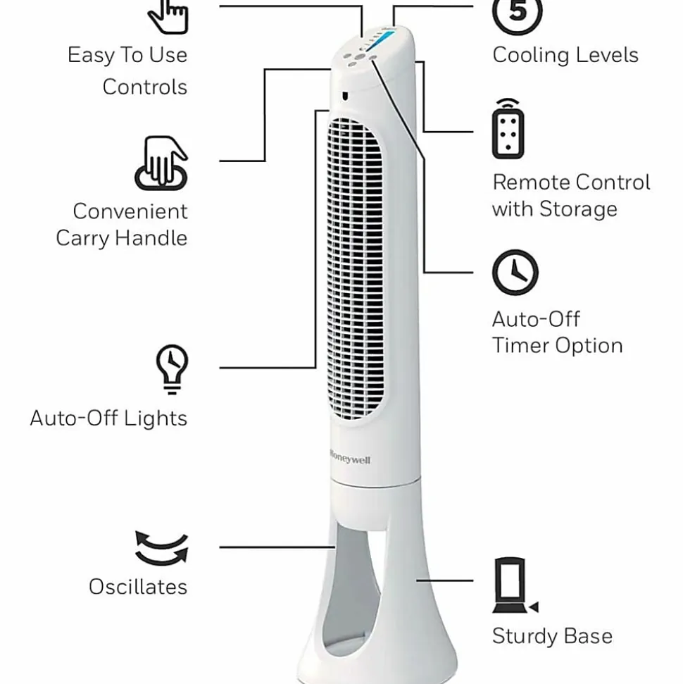 Honeywell QuietSet 5 Tower Fan - 5 Speed - Oscillating, Remote, Timer-off Function, Quiet, Sturdy, Electronic Control Panel, Touch Operation