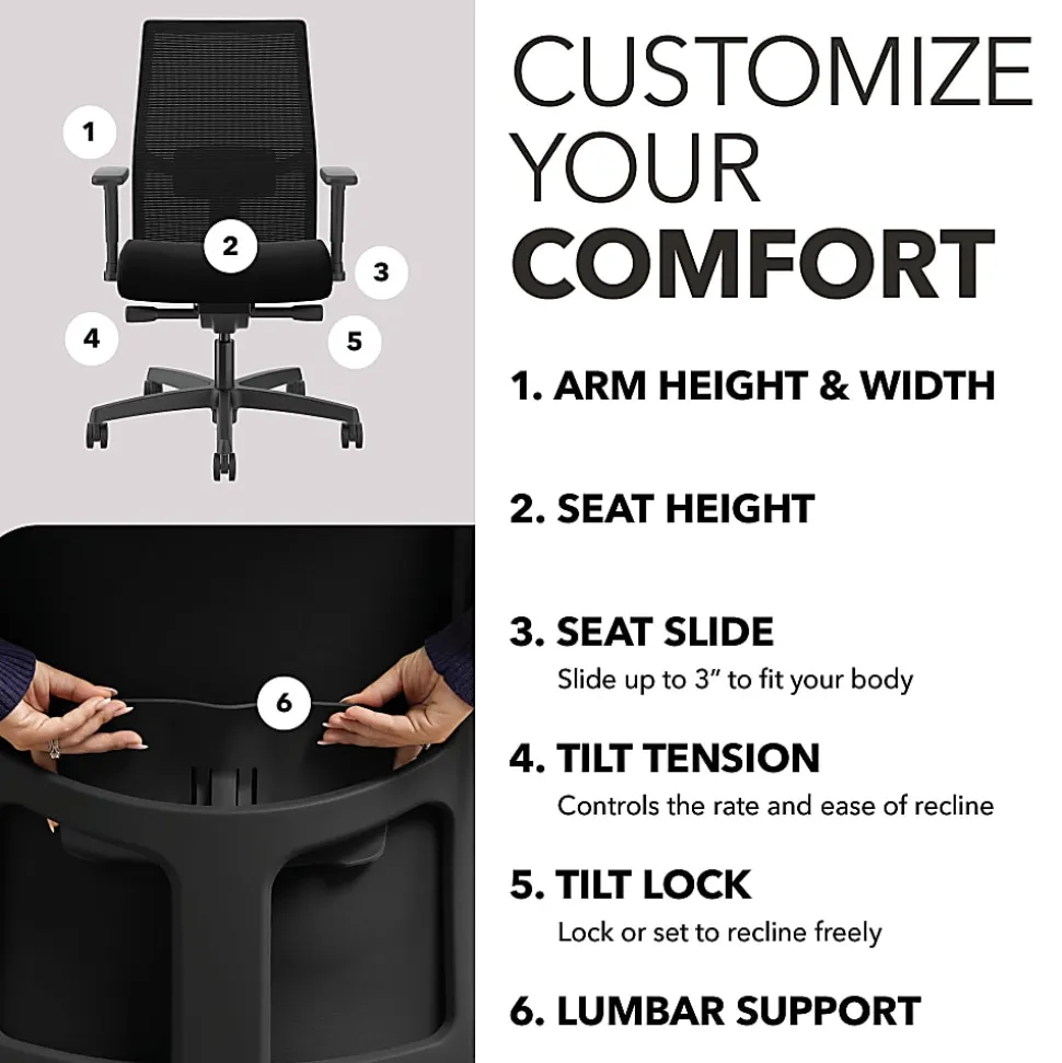 HON® Ignition 2.0 Ergonomic Mesh/Fabric Mid-Back Task Chair, Black