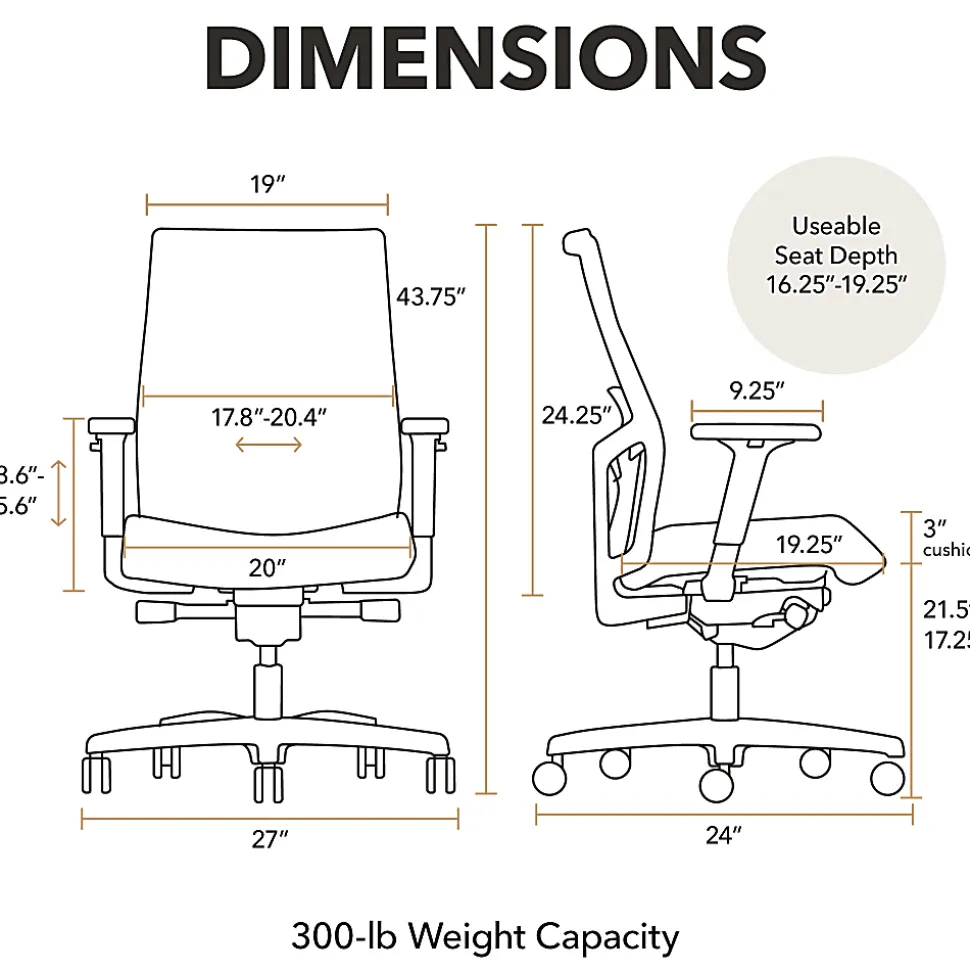 HON® Ignition 2.0 Ergonomic Mesh/Fabric Mid-Back Task Chair, Black