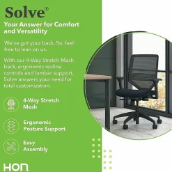 HON® Solve Fabric Mid-Back Task Chair, Ilira-Stretch Mesh Back, Black