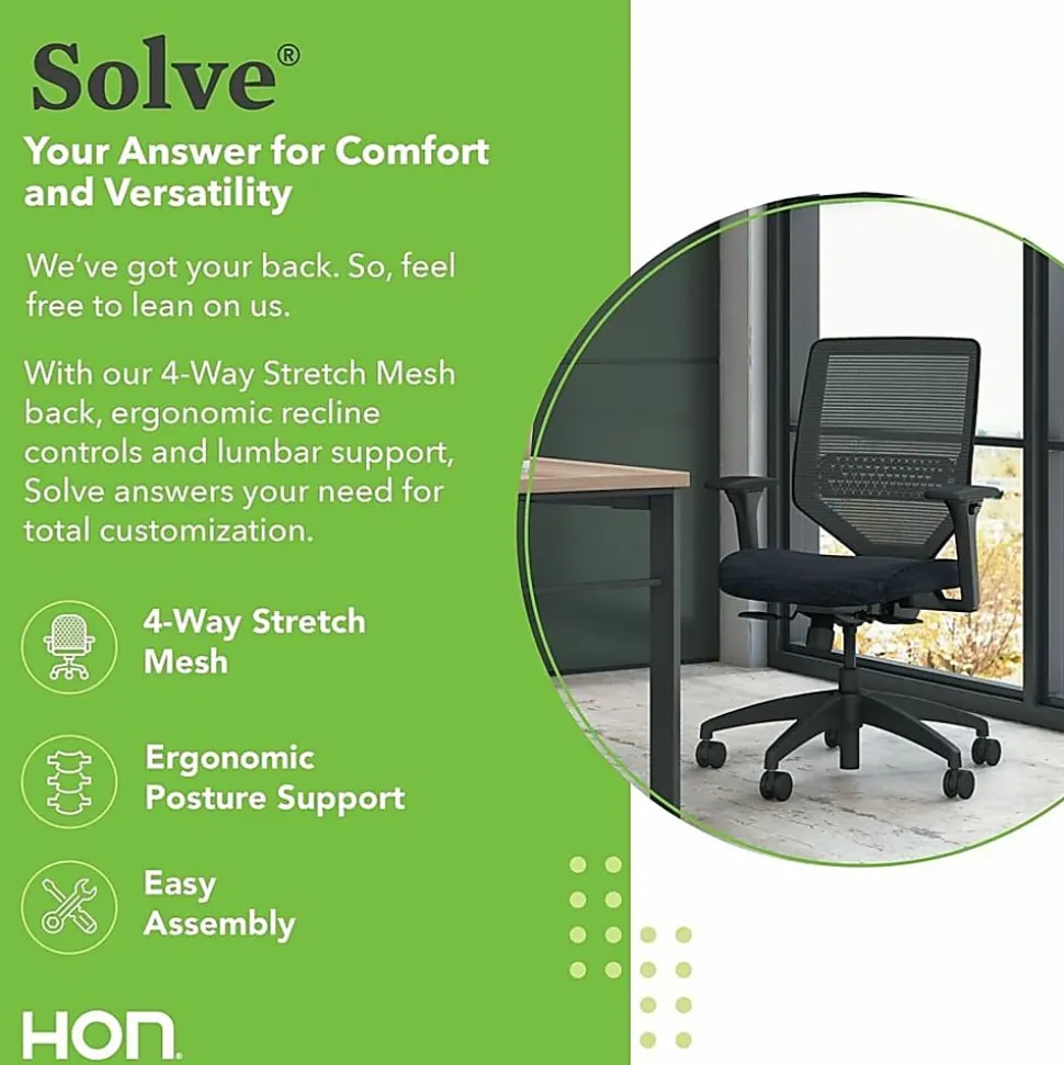 HON® Solve Fabric Mid-Back Task Chair, Ilira-Stretch Mesh Back, Black