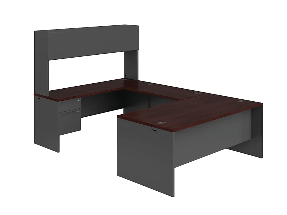HON® 38000 72"W Left-Pedestal Computer Desk Credenza With Lock, Mahogany/Charcoal
