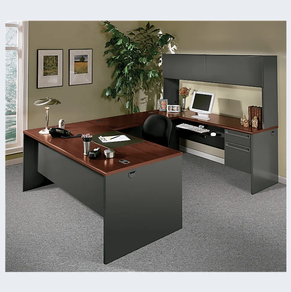 HON® 38000 72"W Left-Pedestal Computer Desk Credenza With Lock, Mahogany/Charcoal