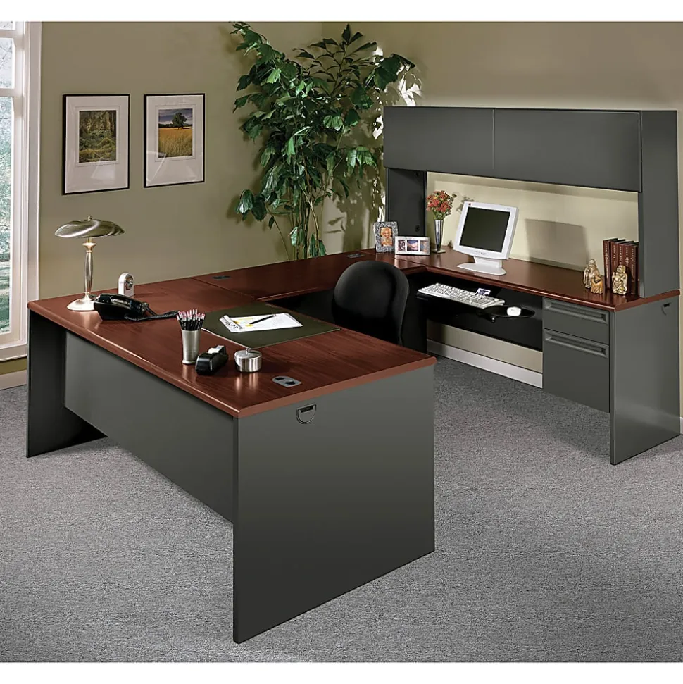 HON® 38000 72"W Left-Pedestal Computer Desk Credenza With Lock, Mahogany/Charcoal
