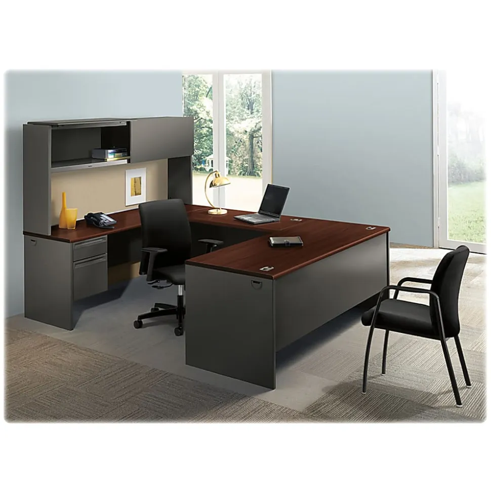 HON® 38000 72"W Left-Pedestal Computer Desk Credenza With Lock, Mahogany/Charcoal