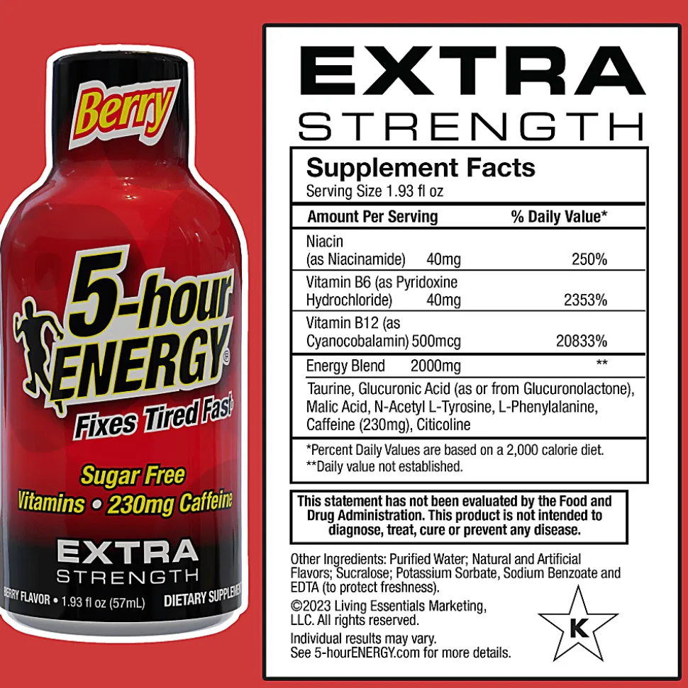 5-Hour Energy Extra-Strength Berry, 1.93 Oz, 12 Bottled Per Pack, Box Of 2 Packs