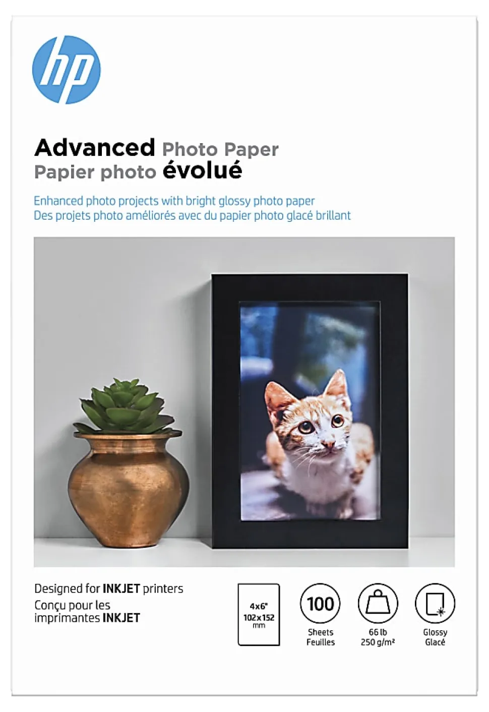 HP Advanced Photo Paper for Inkjet Printers, Glossy, 4" x 6", 66 Lb, Pack Of 100 Sheets (Q6638A)