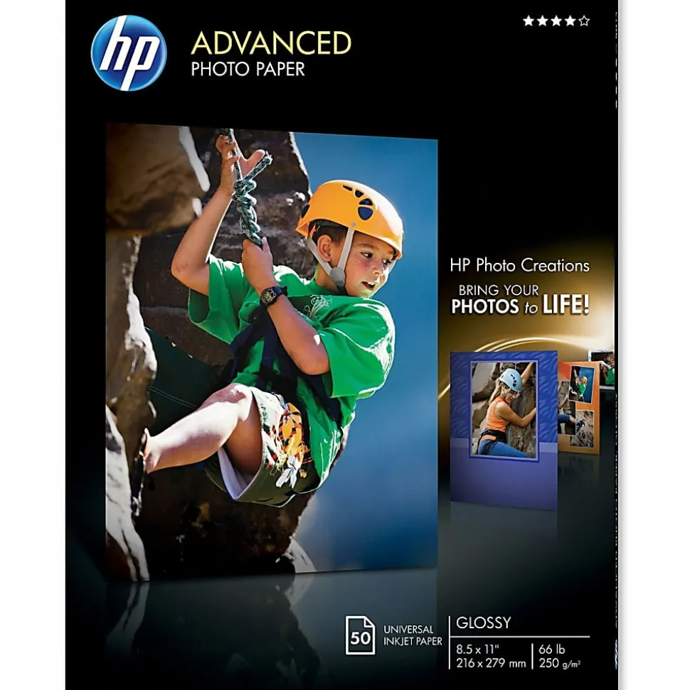 HP Advanced Photo Paper for Inkjet Printers, Glossy, Letter Size (8 1/2" x 11"), 66 Lb, Pack Of 50 Sheets (Q7853A)
