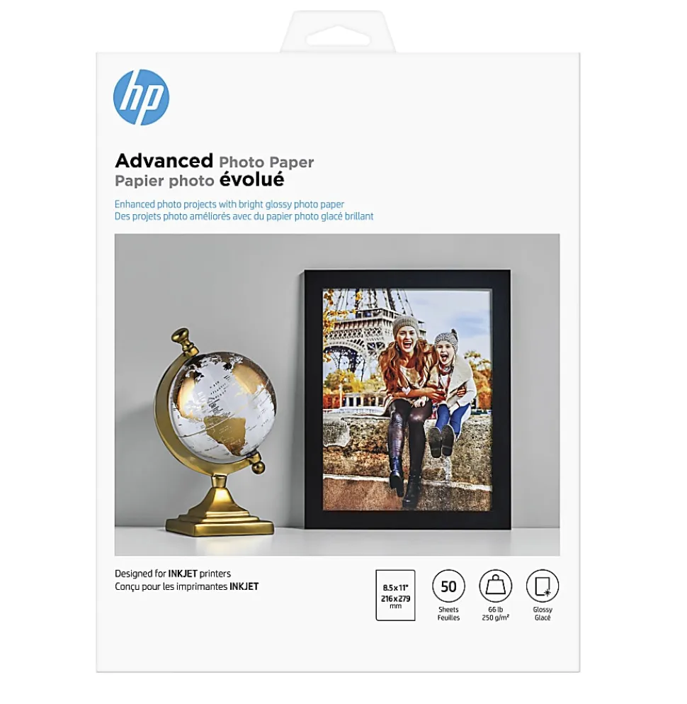 HP Advanced Photo Paper for Inkjet Printers, Glossy, Letter Size (8 1/2" x 11"), 66 Lb, Pack Of 50 Sheets (Q7853A)