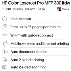 HP Color LaserJet Pro MFP 3301fdw Wireless Printer, Print, scan, copy, fax, Fast speeds, Easy setup, Mobile printing, Best for office, AI-enabled